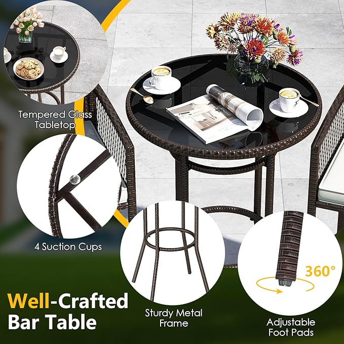 Tangkula 3 Piece Patio Bar Set, Outdoor Heavy Duty Wicker Bar Height Table & 2 Cushioned Barstools, for Backyard, Poolside, Porch, Bistro