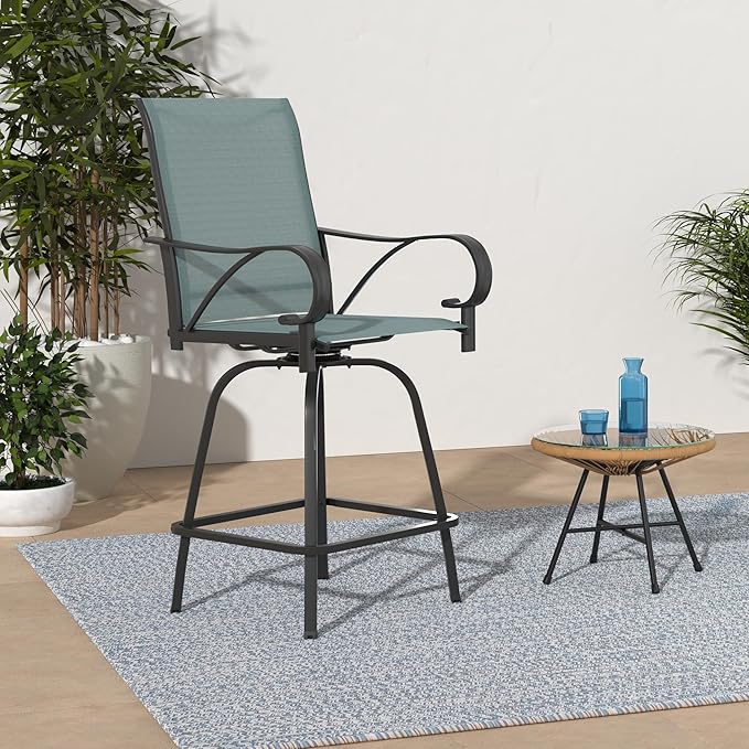 MFSTUDIO Outdoor Bar Stools Set of 6, Swivel Bar Height Patio Chairs Outdoor Barstools High Top Patio Swivel Bar Chairs with Armrest, Breathable Textilene, Turquoise Blue