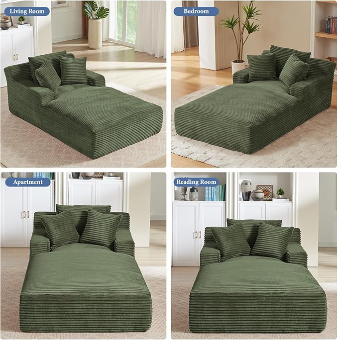 78.7" Chaise Lounge Chair Indoor, Oversized Boneless Couch Comfy Upholstered Sleeper Sofa Bed with 3 Pillows, Corduroy Cloud Reading Chair for Living Room No Assembly Required, Green