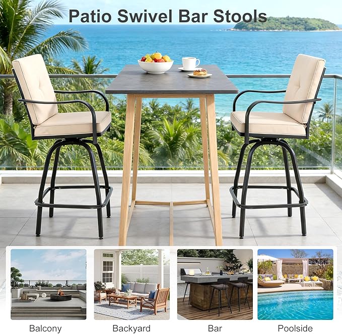 Outdoor Swivel Bar Stools Set of 2,Bar Height Patio Chairs with Cushions and High Backrest, All Weather Patio Bar Stools Furniture for Bistro Lawn, Pool, Garden and Backyard,Light Brown