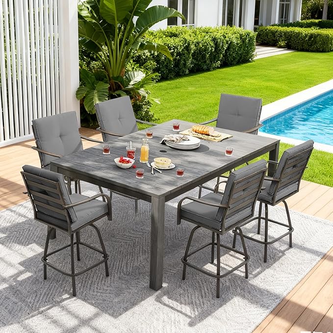Patio Swivel Bar Stools, Outdoor Bar Height Swivel Chairs Set of 6 with Cushion & All Weather Steel Frame for Backyard, Lawn, Poolside and Balcony, Dark Grey