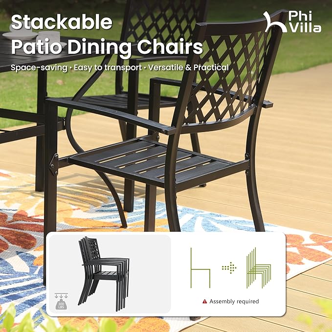 PHI VILLA 7 Pieces Outdoor Dining Set for 6, 59" Rectangle Wrought Iron Table with Umbrella Hole & Swivel Fixed Chairs with Cushions, Modern Metal Furniture for Patio, Deck, Yard, Porch