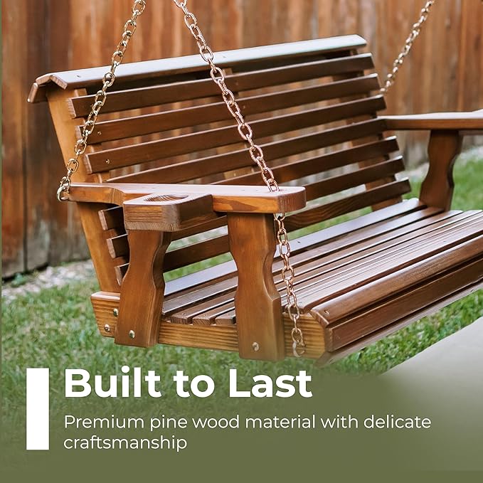 Amish Casual 3 Foot Roll Back Porch Swing with Cup Holders in Unfinished - Amish Made in The USA from Treated Pine Heavy Duty 700 Lb. Weight Capacity
