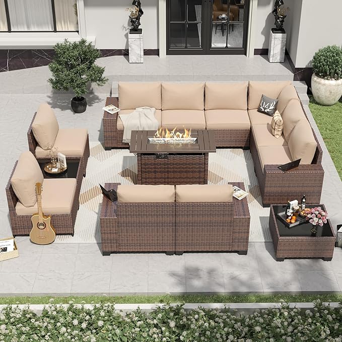 Aoxun 13 Pieces Patio Furniture Set with 44” Fire Pit Table Wicker Rattan Outdoor Sectional Conversation Set with Coffee Table and 4” Thickened Cushions, Beige (Waterproof Cover Included)