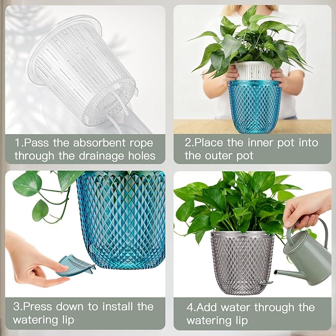 QCQHDU 2 Pack Self Watering Pots, 5.7 Inch Flower Pots with Drainage Holes and Water Filling Port, Garden Planter for Indoor Outdoor Plants (Emerald)