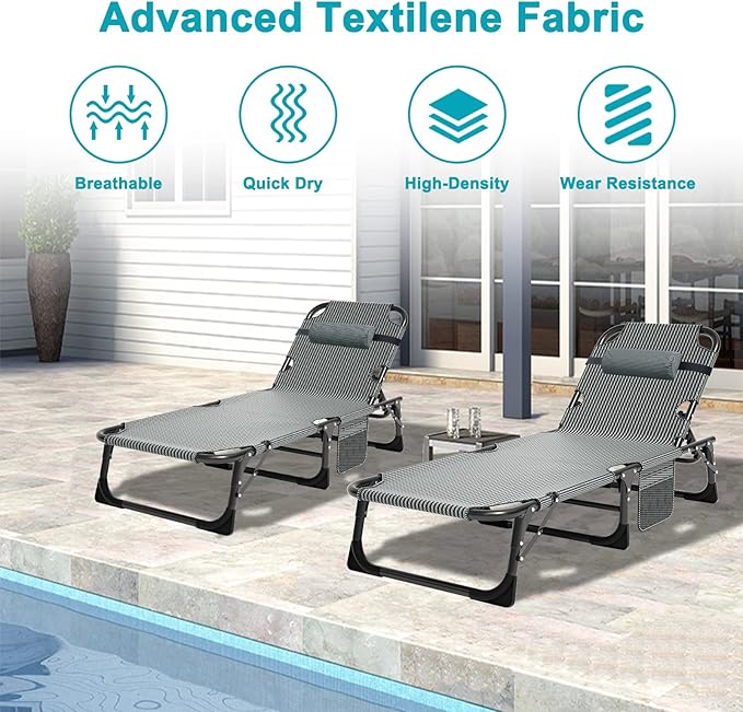 ABORON 2PK Heavy Duty Tanning Chair, 5-Gear Outdoor Folding Chaise Lounge Chair with Cushion,Portable Beach Lounge Chair for Outdoor Sunbathing Patio Pool Lawn Deck Poolside