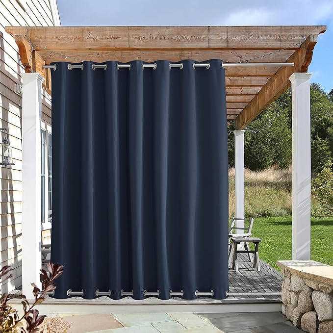 NICETOWN Navy Blue Outdoor Curtain for Patio Waterproof & Windproof Extra Wide, Rustproof Top and Bottom Grommet Blackout Thermal Insulated Indoor Outdoor Drape for Pergola, 1 PC, W100 x L84