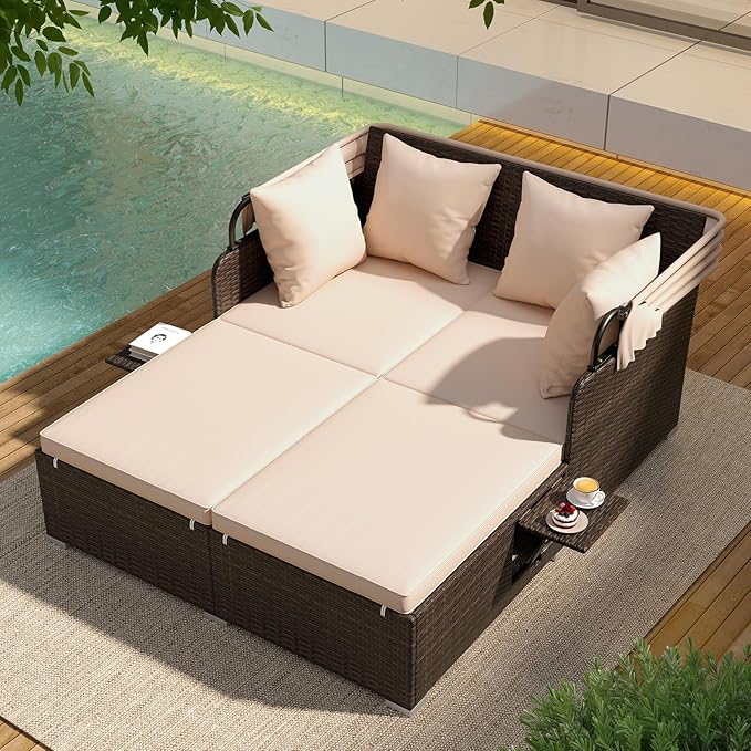 ORALNER Outdoor Daybed, 2-Person Wicker Patio Sofa with Retractable Canopy, Cushions & Pillows, 2 Side Trays, PE Rattan Double Sunbed for Deck Poolside Garden Balcony Backyard (Beige, Mix Brown)