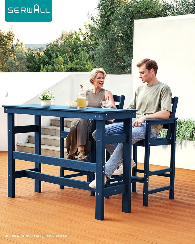 SERWALL Outdoor Bar Table and Chairs Set, Adirondack Bar Chairs Set of 2 and Bar Height Table, All Weather HDPE Patio Bar Set, Outdoor Furniture for Outside, Blue