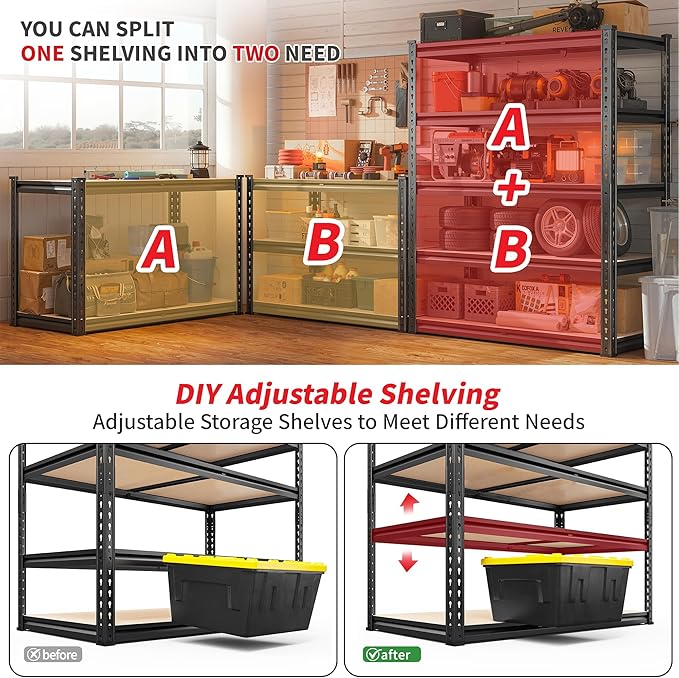 REIBII 2400LBS Storage Shelves 5 Tier Garage Shelving Heavy Duty, Adjustable Metal Shelving Unit, Garage Shelves for Basement, Warehouse, Pantry, Closet, Kitchen 72" H x 35.55" W x 16" D, Black