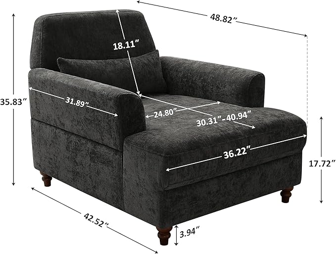 Chaise Lounge Chair Indoor with Adjustable Backrest, Upholstered Mid-Century Reading Chair, Oversized Accent Armchair for Living Room & Bedroom, Comfy Single Sofa Chair, Modern Living Room Chair
