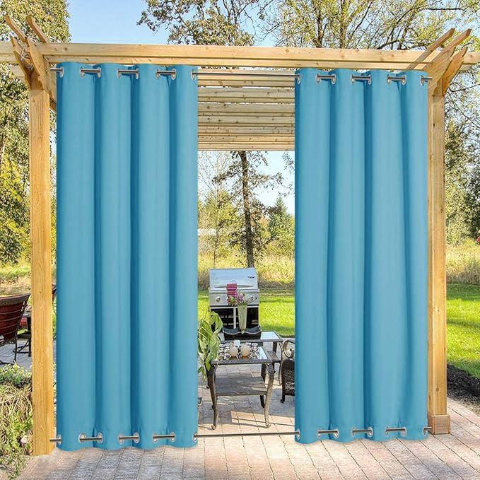 NICETOWN 2 Panels Weighted Outdoor Curtains 84 inch Long, Stainless Grommet Top & Bottom, Waterproof & Windproof Thermal Insulated Sun Blocking Privacy Curtains for Gazebo/Pergola, Teal Blue, 52" W