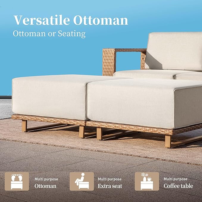 Sectional Outdoor Patio Furniture,Outdoor Rattan Wicker Sectional Sofa with 10''Ultra-Thick Cushions,All Weather Patio Conversation Set for Lawn Garden Backyard,Beige