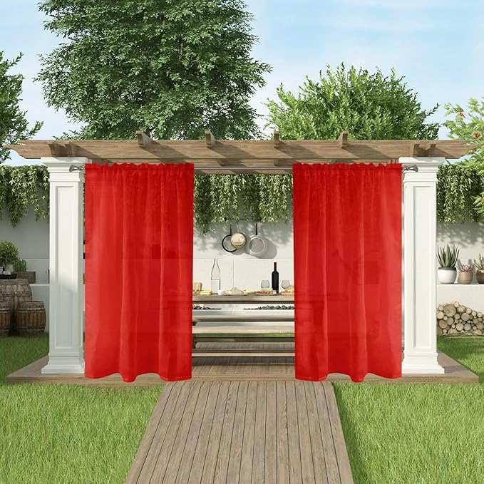 SpaceDresser Waterproof Outdoor Sheer Curtains for Patio - 2 Panels Rod Pocket Indoor Voile Sheer Curtain for Living Room,100W x 108L inch, Red