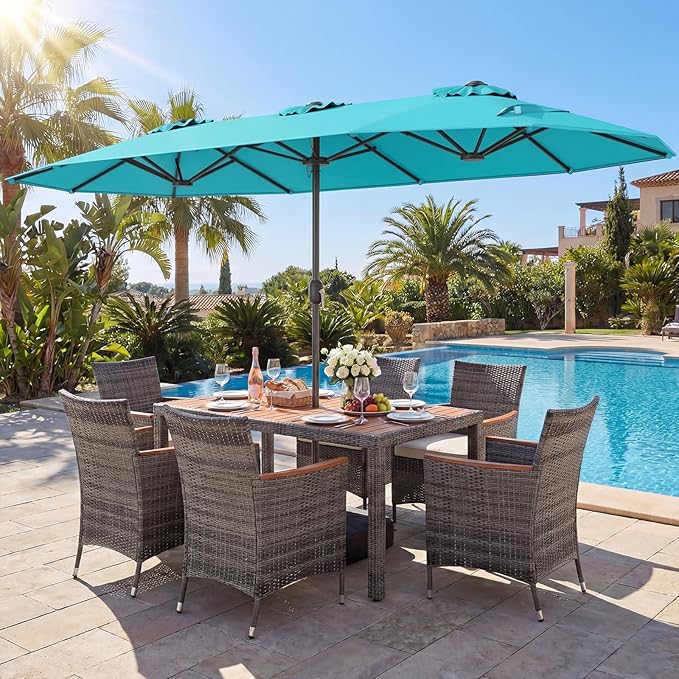 Tangkula 9 Piece Rattan Outdoor Dining Set with 13Ft Umbrella for 6, Outdoor Wicker Table Set with 6 Cushioned Armchairs, Acacia Wood Top, Outdoor Umbrella & with Base Included