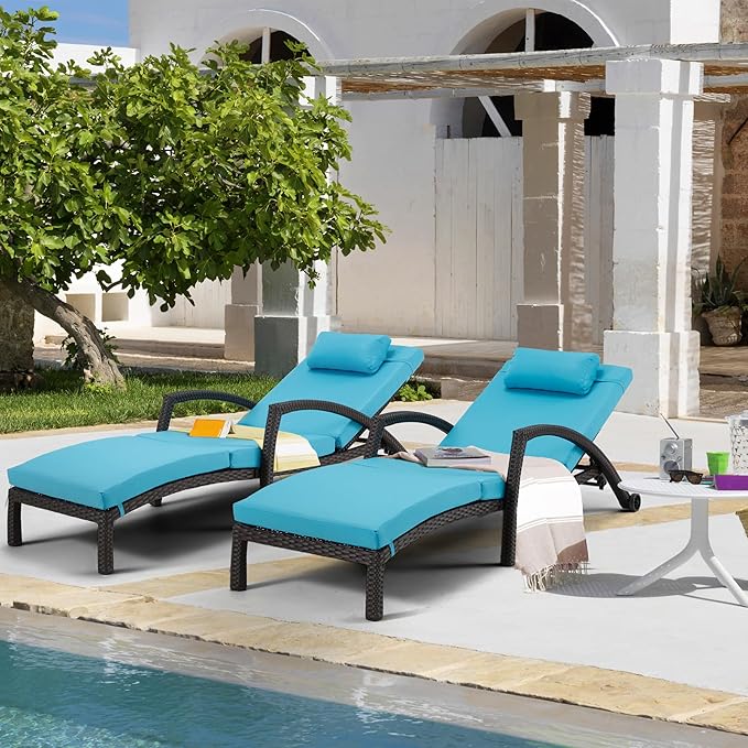 HOMREST Chaise Lounge Chairs Set of 4, PE Rattan Wicker Lounge Chair with Arm and Wheels for Poolside,Blue