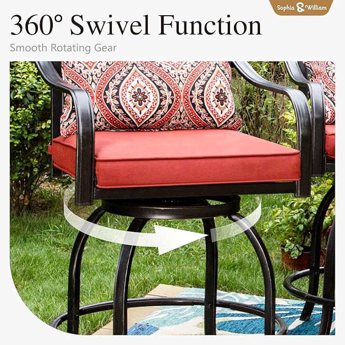 Sophia & William Patio Bar Set 5 Piece Outdoor Dining Set, 4 Swivel Bar Stools Chairs with Red Cushion and 1 Rectangular Bar Height Table, All-Weather Metal Furniture Set for Garden Lawn Backyard