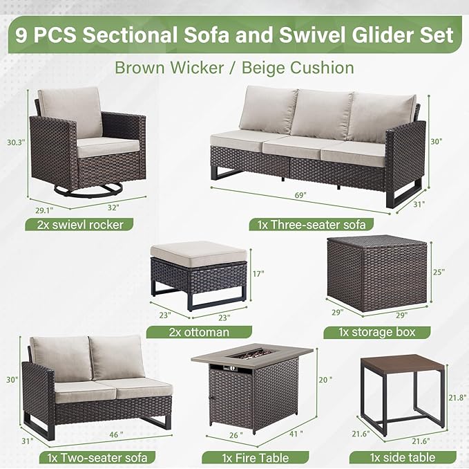 Belord Outdoor Sectional Sofa with 41" Propane Fire Pit Table - 9 Piece Patio Conversation Set with Storage Box and Swivel Rocker Chairs All-Weather PE Wicker Furniture Set Brown