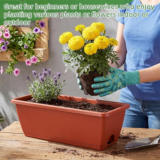 18 Pack Window Box Planter 17 Inches Rectangular Vegetable Flower Planters with Drainage Holes and Saucers Plastic Flower Pots Coloful Herb Planter for Indoor Outdoor Patio Garden Home Decor