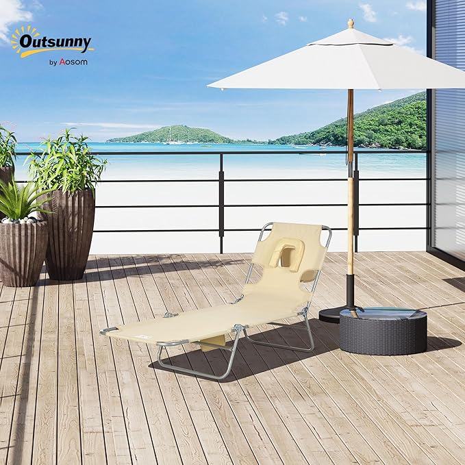 Outsunny Folding Beach Lounge Chair with Face Hole and Arm Slots, 5-Level Adjustable Sun Lounger Tanning Chair with Pillow for Patio, Garden, Beach, Pool, Beige