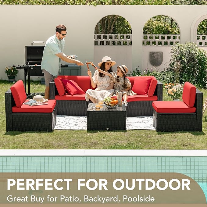 Devoko Patio Furniture Sets 6 Pieces Outdoor Sectional Rattan Sofa Manual Weaving Wicker Patio Conversation Set with Glass Table and Cushion (Red)