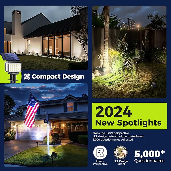 Solar Spot Lights Outdoor Waterproof for Flag, Tree, House, Garden, Yard, 3 Brightness Modes Solar Powered Landscape Spotlights 2 Pack Cool White