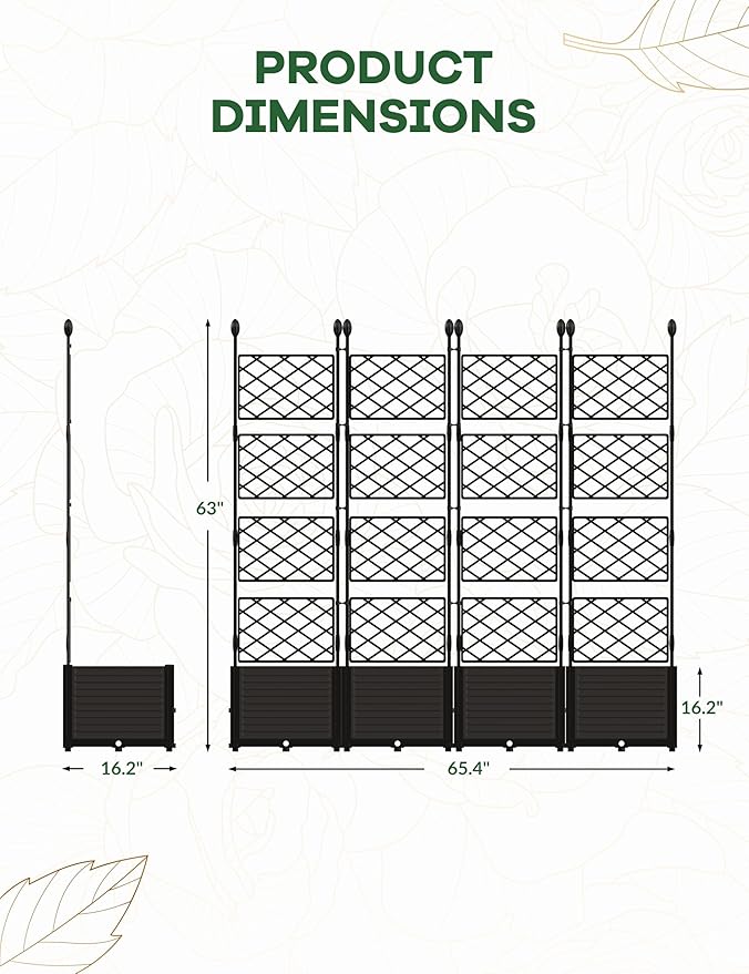 4 PCS Raised Garden Bed with Trellis, 65" LX16 WX63 H Plastic Planter Box for Climbing Plants, Outdoor Vertical Garden with Privacy Screen for Patio, Balcony, Backyard – Sturdy & Lightweight