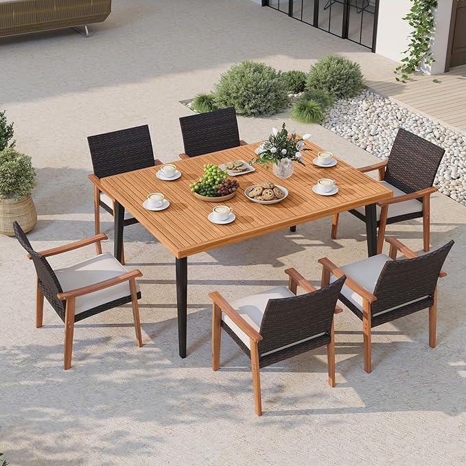 Tangkula 63" Acacia Wood Patio Dining Table for 6, Outdoor Dining Table with 1.97" Umbrella Hole & Metal Legs & Adjustable Foot Pads, Rectangular 6-Person Outside Table for Garden, Poolside & Backyard