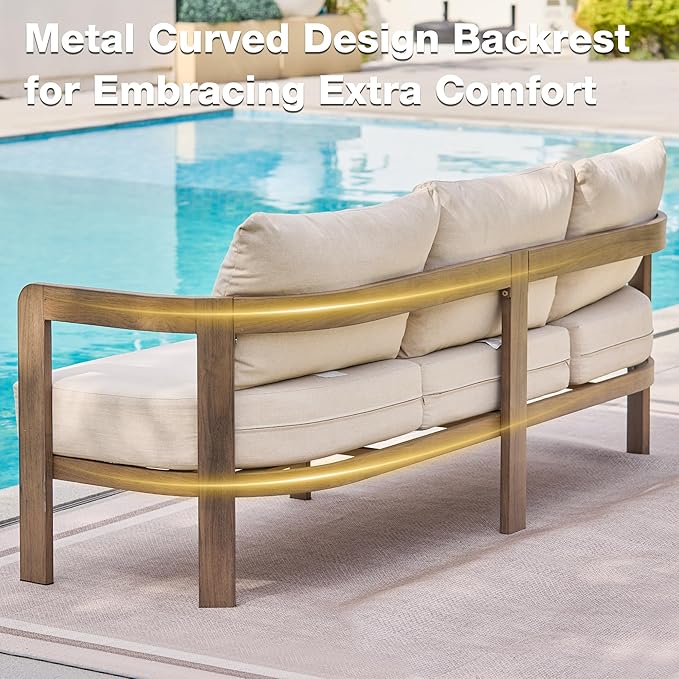 Outdoor Couch Aluminum Patio Furniture, 3-Seat All-Weather Metal Modern Patio Sofa with Washable Thick Cushion for Garden/Backyard/Porch, Beige