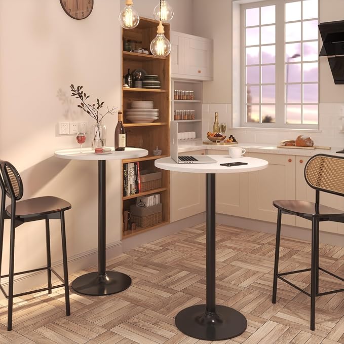 Furmax Bistro Pub Table Round Bar Height Cocktail Table for Home Bar, Small Round Bar Tables for Party, Dining Room, Living Room and Wedding, Metal Base MDF Top Obsidian, 40.6 Inch Height (1, White-1)