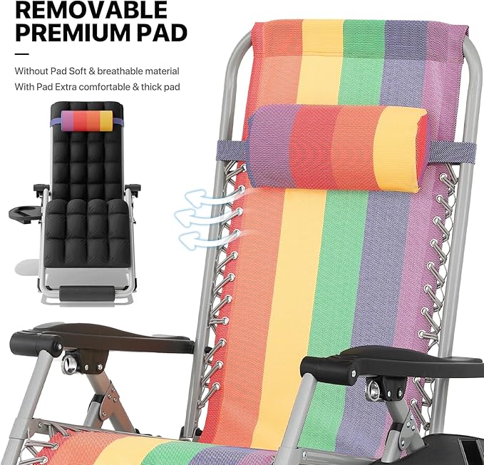 MoNiBloom Zero Gravity Lounge Chair with Cushion, Padded Patio Anti Gravity Recliner, Foldable Outdoor Lounger with Cup Holder Tray, Headrest and Footrest for Beach Camping, Rainbow
