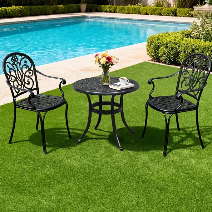 VINGLI 24” Cast Aluminum Outdoor Side Table, All Weather Round Patio Side Table End Table for Porch Backyard Balcony Outside (Black)