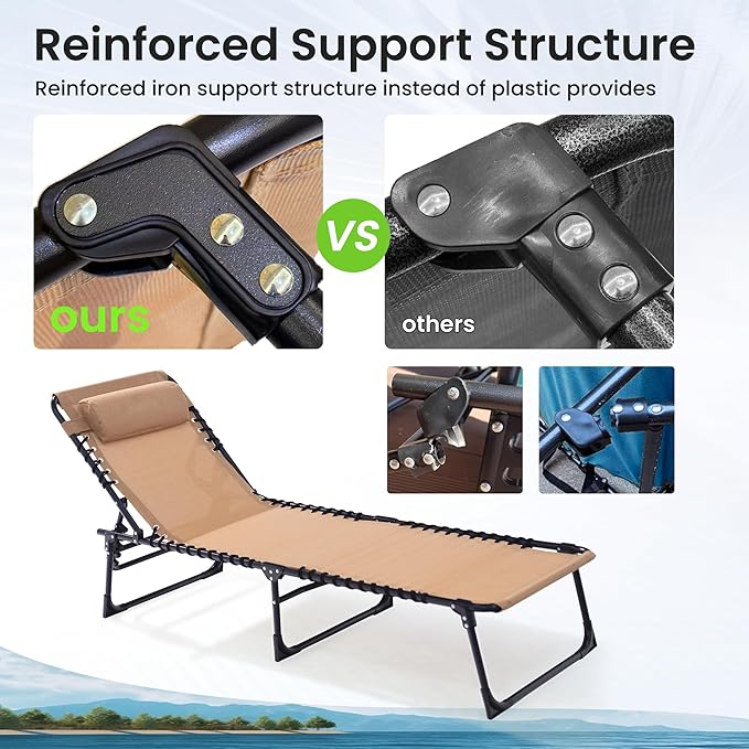 Folding Chaise Lounge Chair 2 Pack - 400lb Capacity, 5-Position Adjustable Recliner with Pillow | Portable for Patio, Pool, Camping & Sunbathing (Beige)