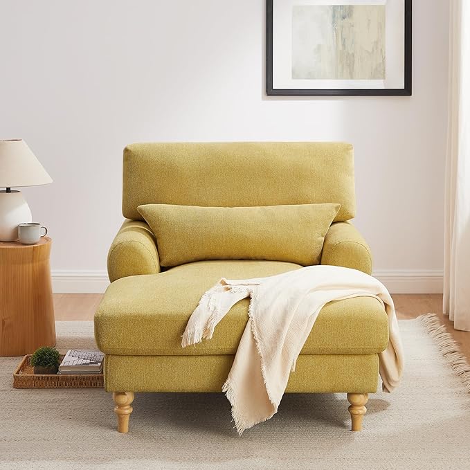 Modern Chaise Lounge Chair with Adjustable Backrest, Upholstered Indoor Leisure Sofa Recliner, Oversized Accent Chair Deep Seat Reading Armchair for Living Room, Bedroom, Office, Yellow