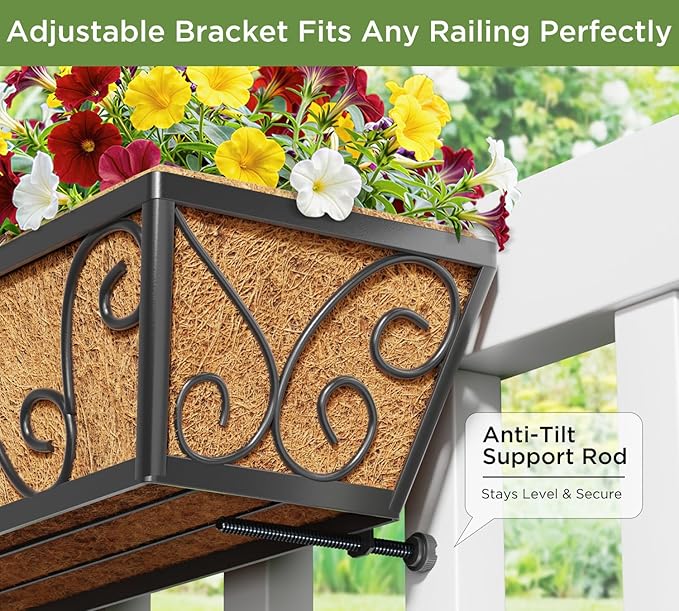 Y&M 24 Inch Window Deck with Coco Liner, Fence Metal Hanging Flower Planter Window Basket Deck Railing Planter Boxes for Outdoor Garden Lawn-Butterfly, 4pcs