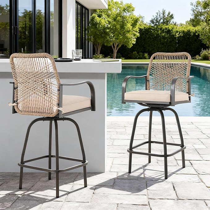 Patio Swivel Bar Stools Set of 2, Outdoor Rattan Height Bar Patio Swivel Chairs with Steel Frame and Thickened Cushion for Garden, Balcony, Lawn and Backyard (Rattan Brown)