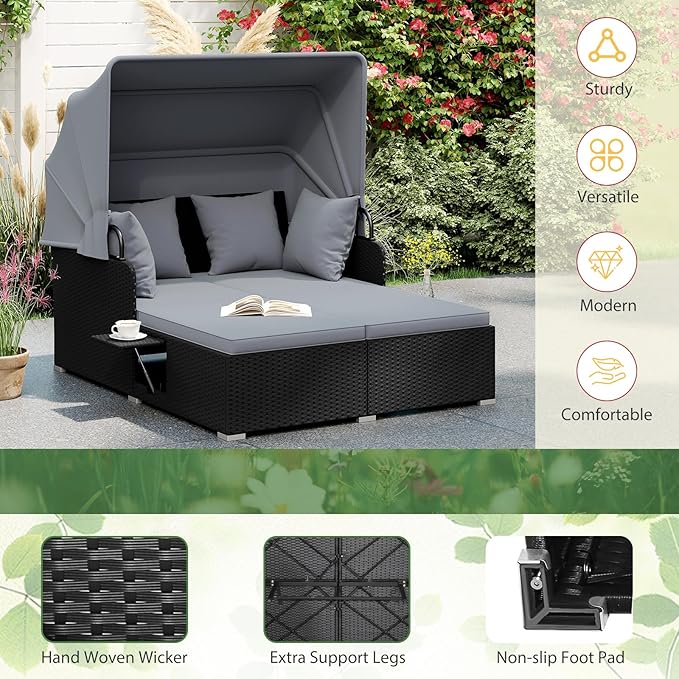 ORALNER Outdoor Daybed, 2-Person Wicker Patio Sofa with Retractable Canopy, Cushions & Pillows, 2 Side Trays, PE Rattan Double Sunbed Lounger for Deck Poolside Backyard Garden Balcony (Gray)