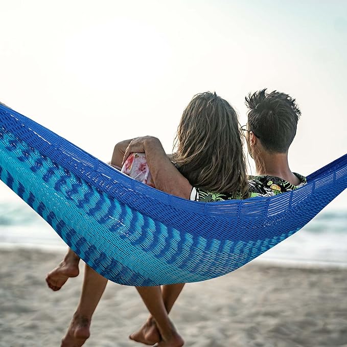 Lazy Daze Hammocks Handwoven Mayan Hammock, 10.5 FT Soft Rope Double Hammocks, Portable Outdoor Hammock with Carry Bag, 2 Straps & Carabiners for Patio Outside, 550 lbs Weight Capacity, Blue/Dark Blue
