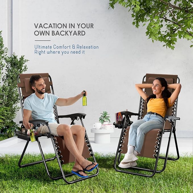 Nestl Zero Gravity Chairs, Portable Patio Lounge Chair Outdoor with Pillows & Cup Holder Trays, Adjustable Steel Mesh Reclining Camping Chair, Folding Patio Lawn Chair for Deck, Beach, Yard - Brown