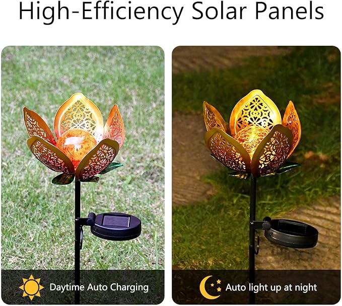 2Pack Solar Lights Outdoor Garden Decor,LED Lotus Flower Lamp, Metal Tulip Solar Lawn Lamp for Courtyard Decoration, Garden Gifts for Women