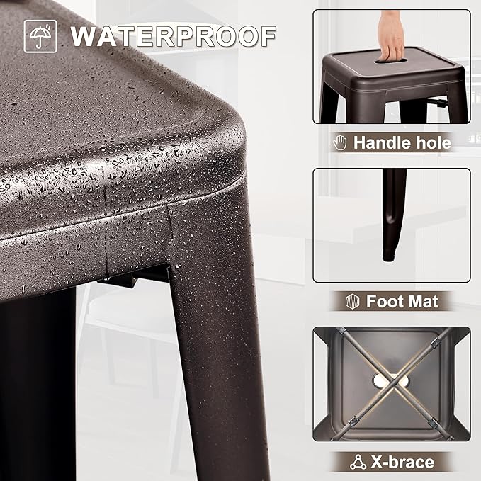 Elevon 30 Inches Metal Bar Stools, High Backless Stools, Indoor Outdoor Stackable Kitchen Stools, Set of 4, Brown