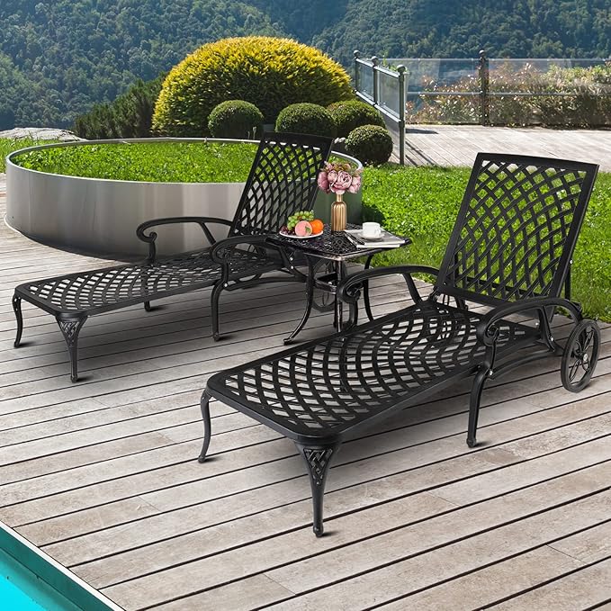 VINGLI Cast Aluminum Outdoor Chaise Lounge Chair with Wheels, Patio Chaise Lounge with 3-Position Adjustable Backrest, Tanning Chair Reclining Chair for Poolside (Black, Without Cushion)