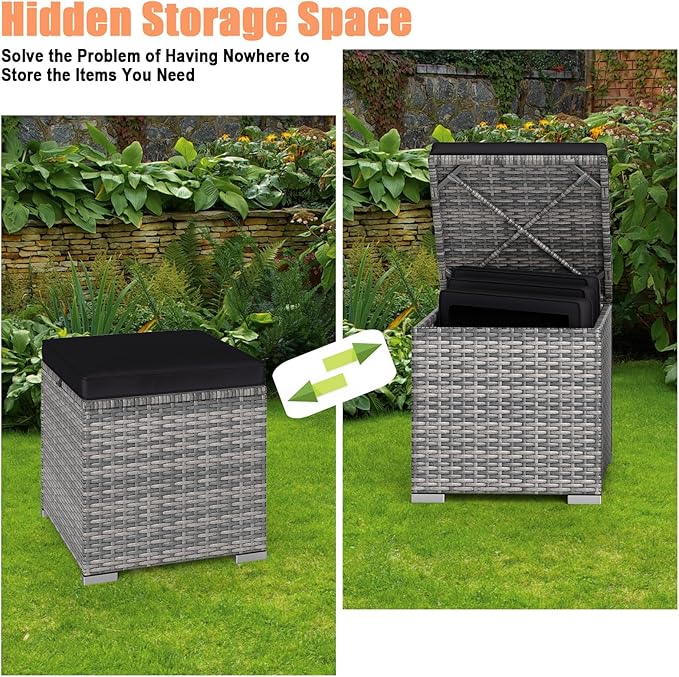 RELAX4LIFE Wicker Outdoor Storage Ottoman - 2-Piece Rattan Footstool w/Removable Cushion, Multipurpose Footrest Foot Stool Seating, Set of 2 Outdoor Ottomans for Patio Deck (Mix Grey-Black)