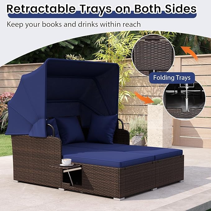 ORALNER Outdoor Daybed, 2-Person Wicker Patio Sofa with Retractable Canopy, Cushions & Pillows, 2 Side Trays, PE Rattan Double Sunbed for Deck Poolside Garden Balcony Backyard (Navy, Mix Brown)