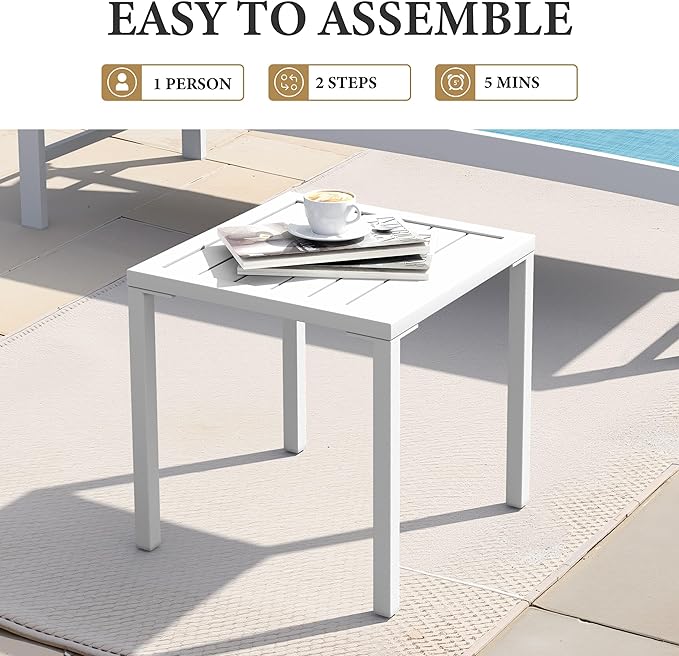 Crestlive Products Aluminum Outdoor Side Table, Pool Lounge Chair Side Table, Weather Resistant Small Square Coffee End Table for Patio, Yard, Garden, Porch, Deck, Indoor, Outdoor (White)