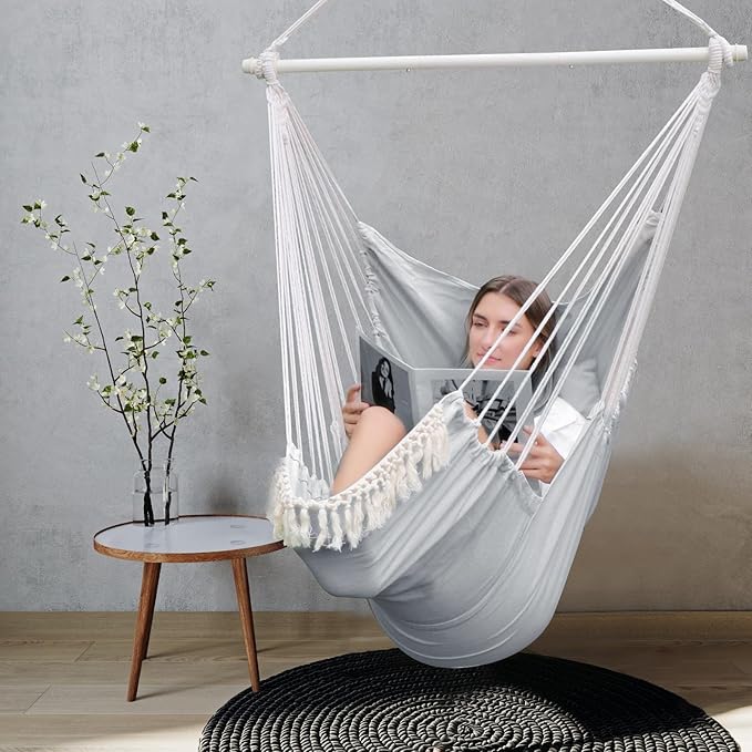 Chihee Hammock Chair Hanging Chair with Foot Rest 2 Cushions Max 500lbs Robust Metal Spreader Bar Collapsible Easy Storage Soft Cotton Swing Chair Strong Strap Iron Carabiner Side Pocket Included