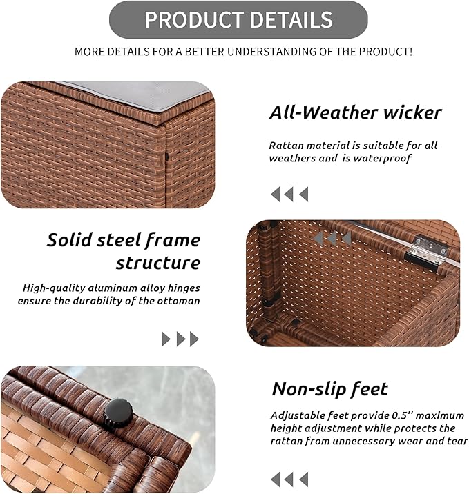 Premium Elegant Gray/Tawny 16.5" 2-Piece w/ 3" Fade-Proof Cushion, All-Weather Wicker Indoor/Outdoor Ottomans, PE Rattan Side Table & Footstools, Footrest, Ideal for Patio.