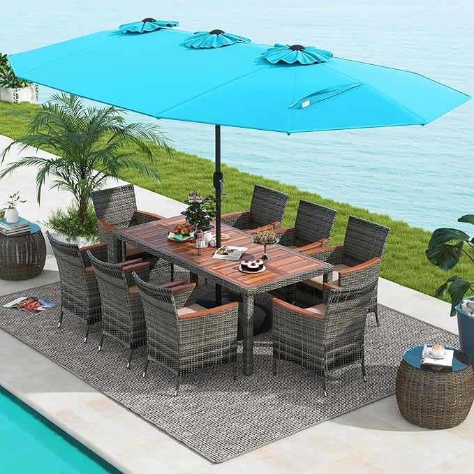 Tangkula 10 Pieces Patio Wicker Dining Set w/Double-Sided Patio Umbrella, Outdoor Acacia Wood Furniture Set w/ 8 Armchairs, 71” Dining Table & 15 ft Umbrella with Weighted Base (Turquoise)