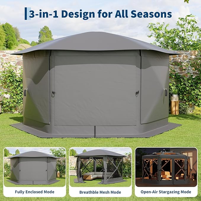 11.5x11.5FT 6-Sided Pop Up Gazebo Tent，One-Push Setup Canopy Tent with Mesh Panels & Removable Wind Cloths, Outdoor shelter for Camping, Backyard Parties, Outdoor Events - Grey