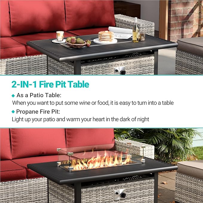 16-Piece Outdoor Patio Furniture Set with Rocking Swivel Chair, PE Wicker Rattan Sectional Sofa Patio Conversation Set with 55,000 BTU Fire Pit Table & Coffee Table, Red